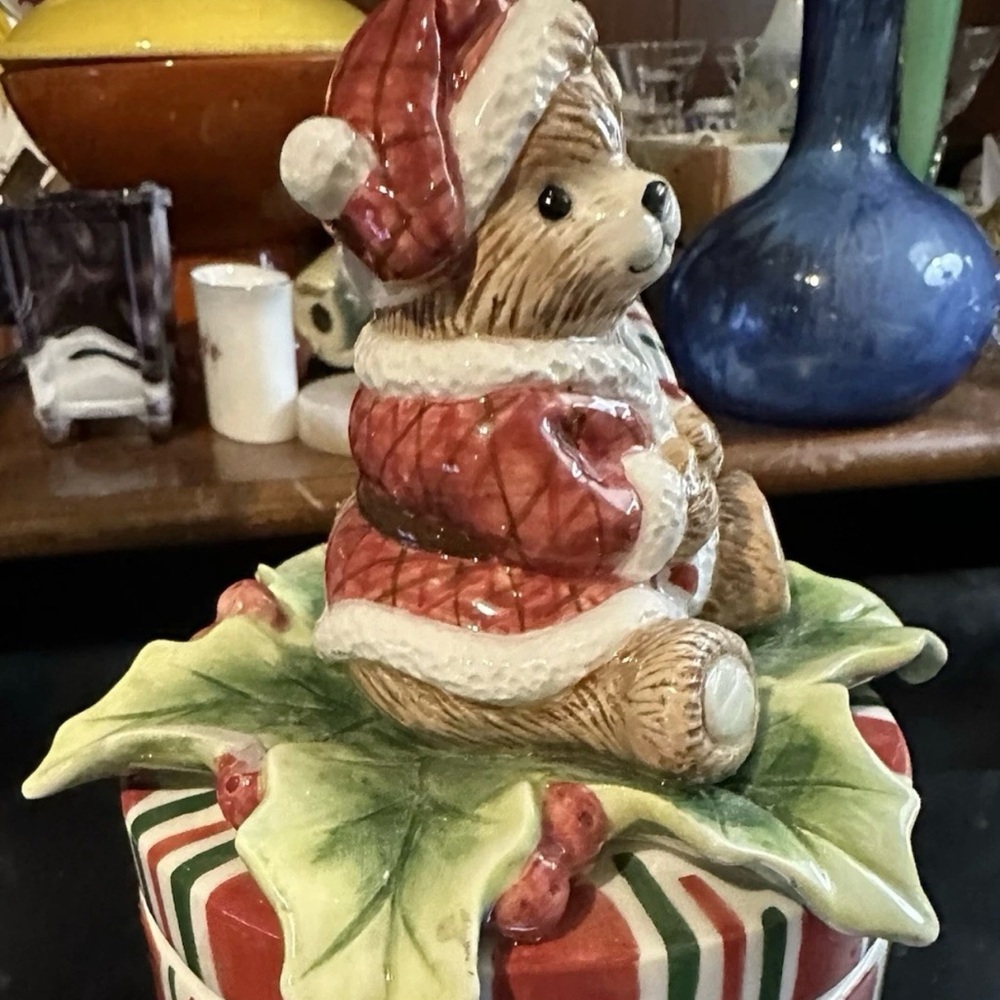 Fitz and Floyd Red and White Santa  Bear Trinket Jar W/ Lid